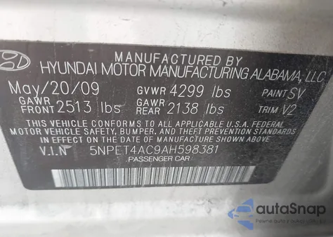 2010 Hyundai Sonata Gls z USA, uszkodzony, nr VIN 5NPET4AC9AH598381